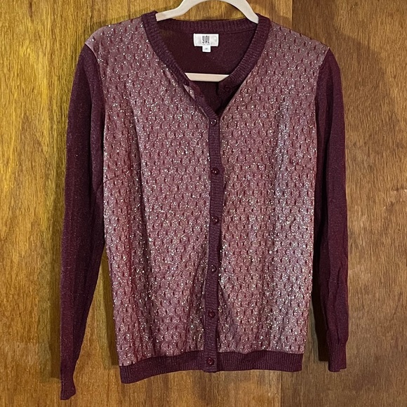 YAL New York Burgundy Sparkly Metallic Cardigan Sweater Sz M - Picture 1 of 4